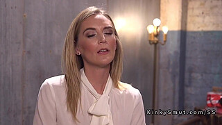 Handcuffed blonde gets rough fucked in 3way