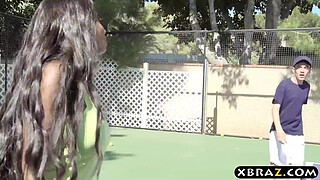 One black one white MILF tennis babes share a big rod