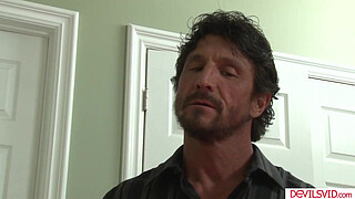 Ebony chick banged by white stepdad