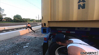 fucking a big arse bitch in the public train yard