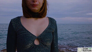 Italian cutie Silvia Soprano eats arse and licks feet while strolling in cum with her dom along the sea