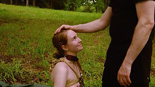 Beautiful bondage virgin gets gets tied up and face fucked in a Texas orchard -- an excerpt from the authentic domination session at Domthenation with Claire Roos