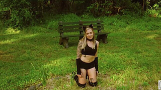 Submissive blond chick Rory Knox gets an anal fingering with arse to mouth in bondage before taking an anal hook and getting her piss reward in an outdoor labyrinth