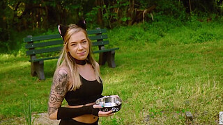 Submissive blond chick Rory Knox gets an anal fingering with arse to mouth in bondage before taking an anal hook and getting her piss reward in an outdoor labyrinth