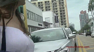 Exhibitionist Wife 490 - MILF Heather Walking Around Town In Wet White Top! Lets A Stranger Touch Her Tit And Take Pics Up Her Skirt!