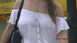 Exhibitionist Wife 490 - MILF Heather Walking Around Town In Wet White Top! Lets A Stranger Touch Her Tit And Take Pics Up Her Skirt!