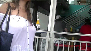 Exhibitionist Wife 490 - MILF Heather Walking Around Town In Wet White Top! Lets A Stranger Touch Her Tit And Take Pics Up Her Skirt!