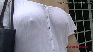 Exhibitionist Wife 490 - MILF Heather Walking Around Town In Wet White Top! Lets A Stranger Touch Her Tit And Take Pics Up Her Skirt!
