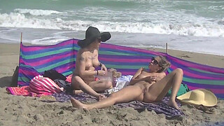 Exhibitionist Wife 484 Part 5 - Mrs Ginary and Mrs Nikki Brooks Teasing Nude Beach Voyeur! Spreading legs and teasing cocks in public!