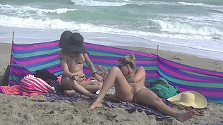 Exhibitionist Wife 484 Part 5 - Mrs Ginary and Mrs Nikki Brooks Teasing Nude Beach Voyeur! Spreading legs and teasing cocks in public!