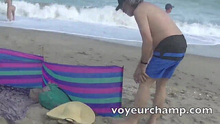 Exhibitionist Wife 484 Part 5 - Mrs Ginary and Mrs Nikki Brooks Teasing Nude Beach Voyeur! Spreading legs and teasing cocks in public!