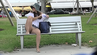 Upskirt Wife 27 - Heather Silk flashing her shaved pussy to voyeurs in public park!