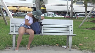 Upskirt Wife 27 - Heather Silk flashing her shaved pussy to voyeurs in public park!