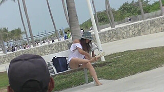 Upskirt Wife 27 - Heather Silk flashing her shaved pussy to voyeurs in public park!