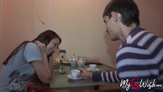 Slim hottie analyzed by her excited boyfriend in the kitchen