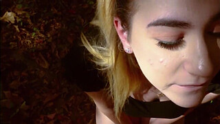 19 Year-old submissive drinks piss in woods, then crawls to the farm for her domination session