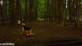 19 Year-old submissive drinks piss in woods, then crawls to the farm for her domination session