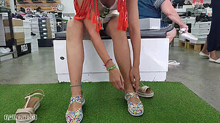 No panties upskirt in a shoe store