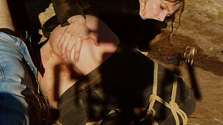 Big-butt blonde gets her anus whipped, then gets rough anal sex in dirt and piss -- a real BDSM session outdoors in the Western USA with Rebel Rhyder