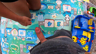 real! MILF fucked on the play mat between the toys, gets fully cum covered - HUGE cumshot YummyCouple