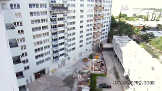 Hot amateur babes banged in hotel room at party