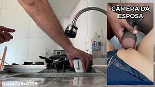 Breakfast at the cuckold's house is like this. While the cuckold washes the dishes, the friend fucks his wife and then he cleans her too.