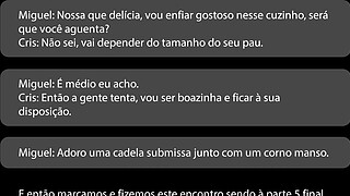 Cuckold sucks cock together with his bitch wife (Cristina Almeida). She takes an anal creampie.