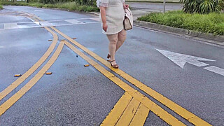 Mature hijab Milf masturbating with big dildo publicly outdoor at bus stop with cars passing by