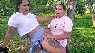 Michell and Paula go out to the public garden in Colombia and start having oral sex and fucking under a tree.