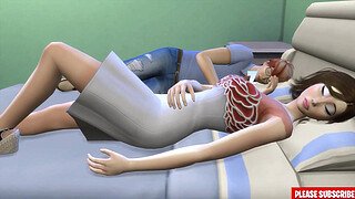 Asian step sister fucks step brother after sharing bed waking to him up bored sucking his dick with condom