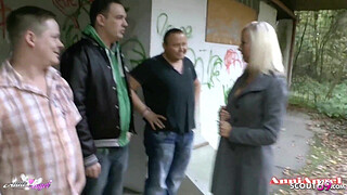 German Skinny Teen Anni Angel Outdoor 4some with 3 Stranger Nerd Guys