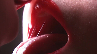Close-up pussy fuck fetish. Cum on red lips in lipstick. Slow motion