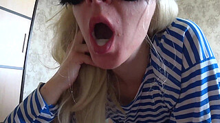 Passionate blowjob with cum in mouth POV. Hot blonde loves to suck my cock. Oral sex of an unusual couple. Homemade fetish.