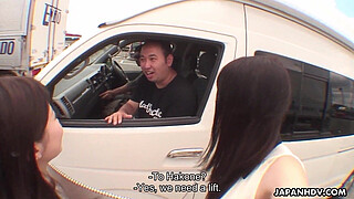 Two adorable Asian teen hitchhikers suck penis in the car