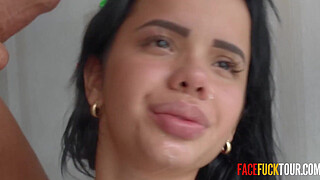 Big Lips Beauty Roughly Face Fucked Against the Wall For Facial Cumshot Reward