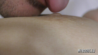 Sucking and lick nipples Aqua Pola from soft to make him hard