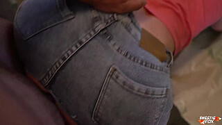 Fucked Cutie Through Hole in New Jeans and Cum in Mouth