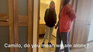 My friend leaves me alone at the hot aunt's house and we fuck in the bathroom