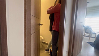 My friend leaves me alone at the hot aunt's house and we fuck in the bathroom