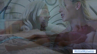 Stepdaughter masturbates as she hears stepdad and busty stepmom fuck.The milf hears her and seduces her.The blonde joins em in a threeway and get fucked