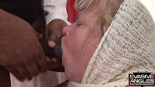 EVASIVE ANGLES Grandma Goes Black. He takes off her panties, fucks her muff and gives her a pearl necklace cumshot.