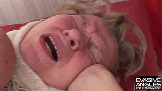 EVASIVE ANGLES Grandma Goes Black. He takes off her panties, fucks her muff and gives her a pearl necklace cumshot.