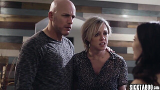 Wet stepdaughter blowjob and banged by a stepdad and stepmom with big juggs