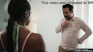 Stepdad caught a glimpse of his ebony stepdaughter Destiny Mira nude on the nannycam.She catches him with a camera in her room and makes him lick her