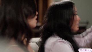 Stepdaughter is teaching her stepmom how to use strap on.They start kissing and sucking big boobs.She lets him lick her shaved pussy before fucking her