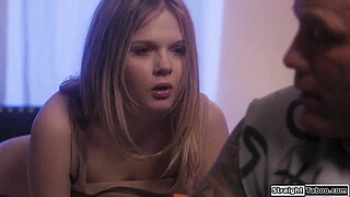 Stepdad makes teen stepdaughter wear chastity belt and the petite blonde asks him to take it off.He licks her cunt and the girl gives bj and is fucked