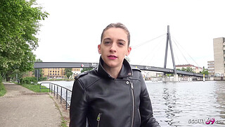 GERMAN SCOUT - SKINNY TEEN CHEAT BOYFRIEND FOR CASH IN REAL PUBLIC CASTING WITH BUTT FUCK