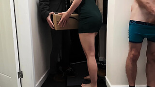 Cuckold husband shares his horny wife with delivery guy.