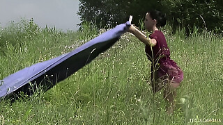 Hot summer day. A couple is swimming in a nearby lake. The milf brunettes sexy body is twisting and turning while she is getting hammered from behind. She loves having anal sex by this small lake.