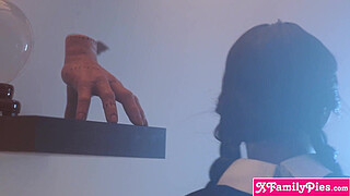 Tiny teens dressed up in Halloween outfits fight over stepbros big penis